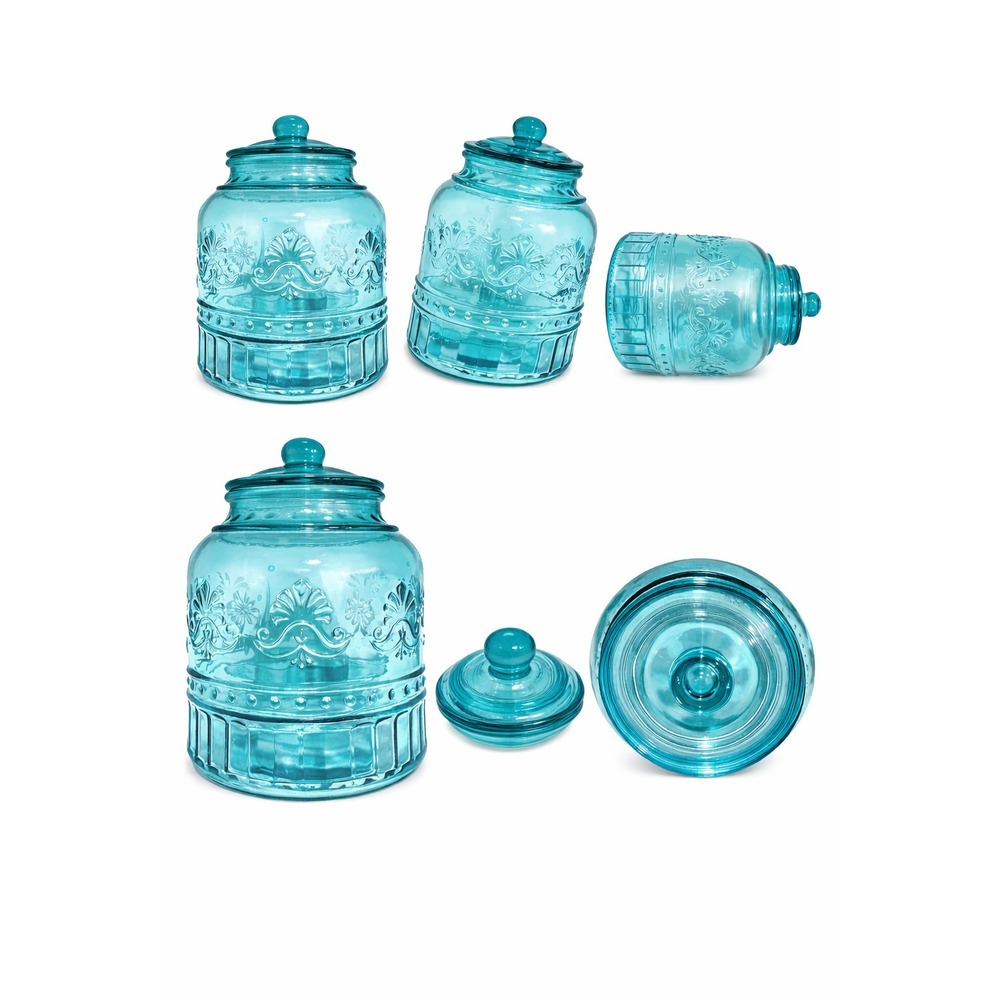The Pioneer Woman Cassie Embossed Glass Replacement Canister Large 8" Teal Blue - Picture 2 of 6